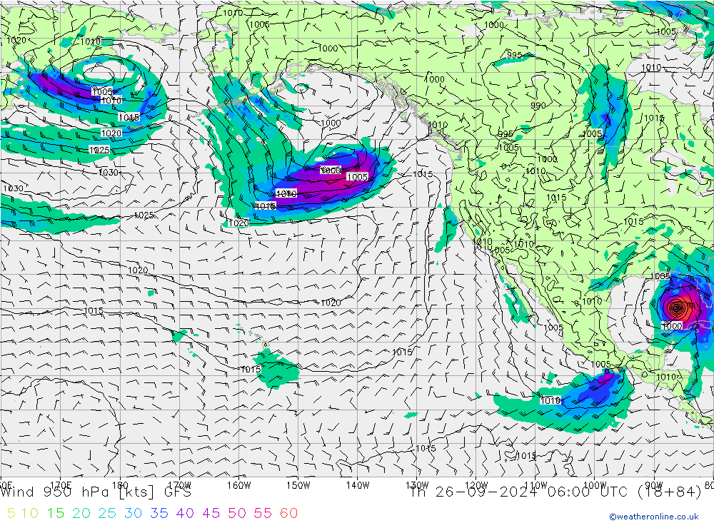 Vento 950 hPa GFS gio 26.09.2024 06 UTC