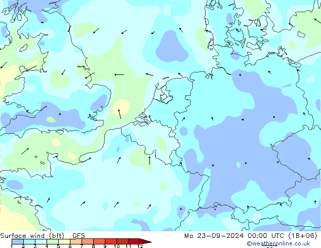 Surface wind (bft) GFS Mo 23.09.2024 00 UTC