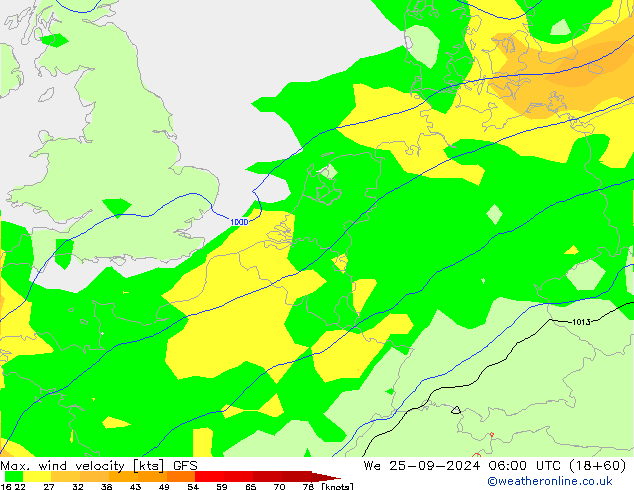 Max. wind velocity GFS mer 25.09.2024 06 UTC