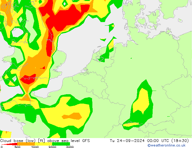 Höhe untere Wolkengrenze GFS Di 24.09.2024 00 UTC