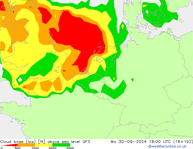 Cloud base (low) GFS Mo 30.09.2024 18 UTC