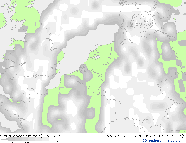 Cloud cover (middle) GFS Mo 23.09.2024 18 UTC