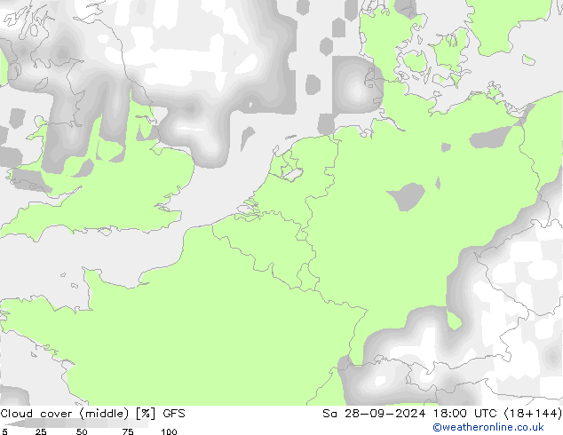 Cloud cover (middle) GFS Sa 28.09.2024 18 UTC