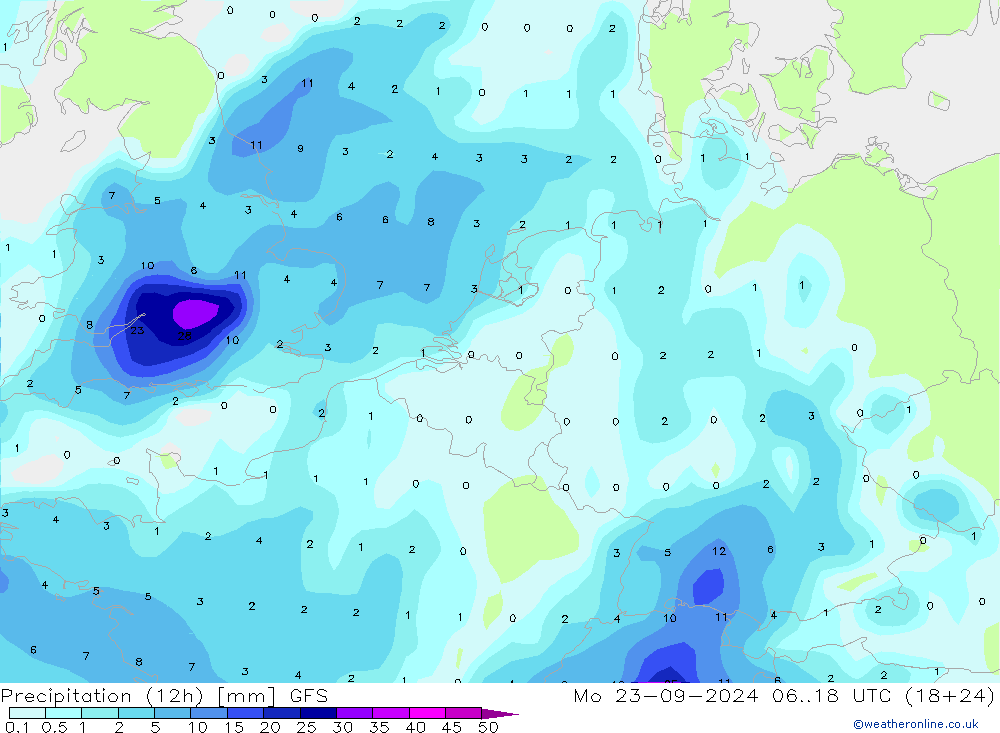 Precipitation (12h) GFS Mo 23.09.2024 18 UTC