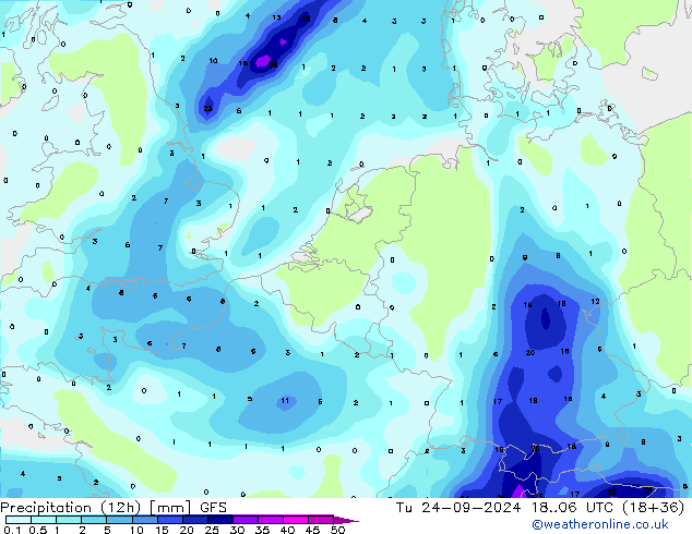 Precipitation (12h) GFS Tu 24.09.2024 06 UTC