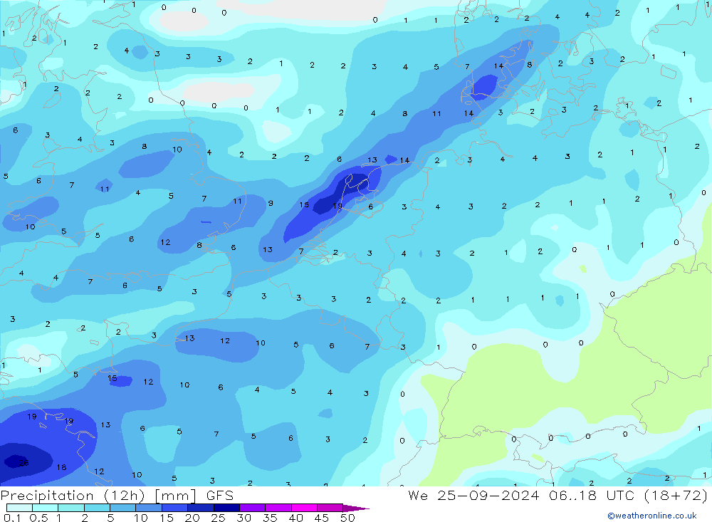 Précipitation (12h) GFS mer 25.09.2024 18 UTC