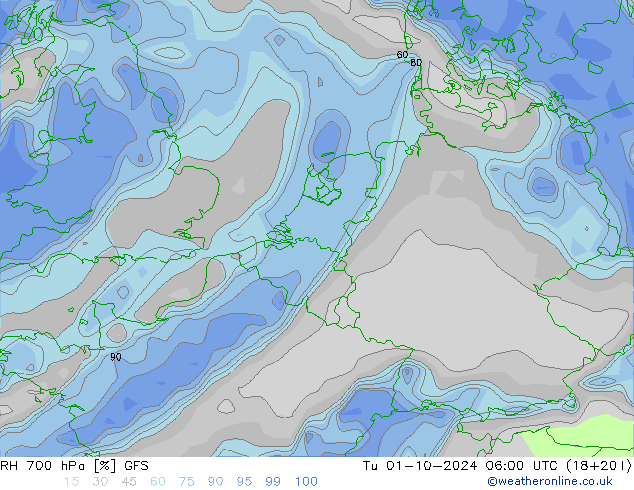 RH 700 hPa GFS Tu 01.10.2024 06 UTC