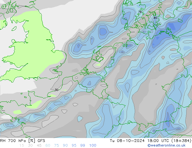 RH 700 hPa GFS Tu 08.10.2024 18 UTC