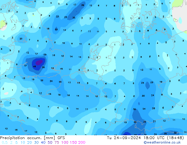 Precipitation accum. GFS  24.09.2024 18 UTC