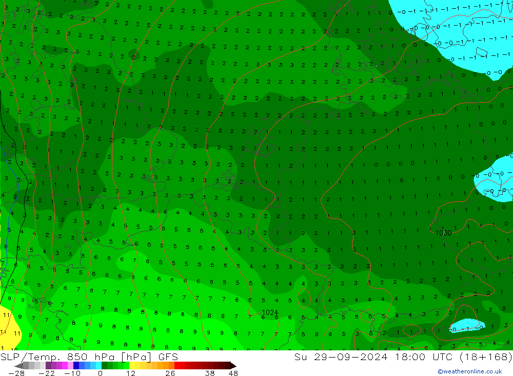 850 hPa Yer Bas./Sıc GFS Paz 29.09.2024 18 UTC