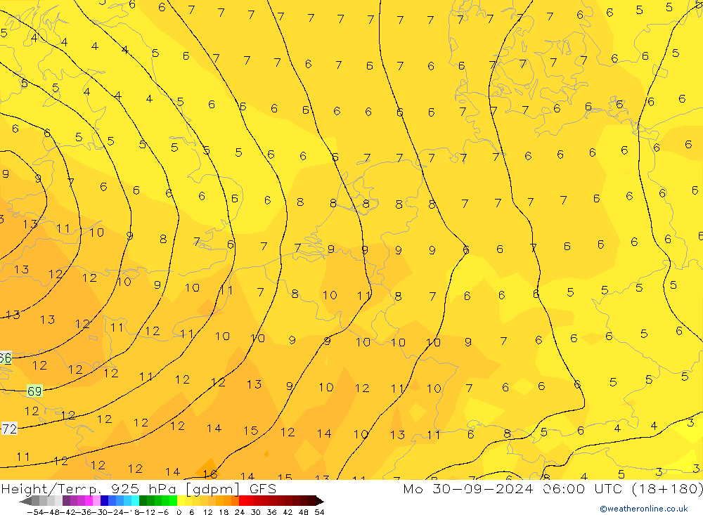 Yükseklik/Sıc. 925 hPa GFS Pzt 30.09.2024 06 UTC