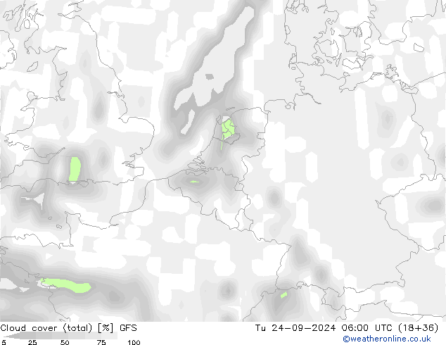 Cloud cover (total) GFS Tu 24.09.2024 06 UTC