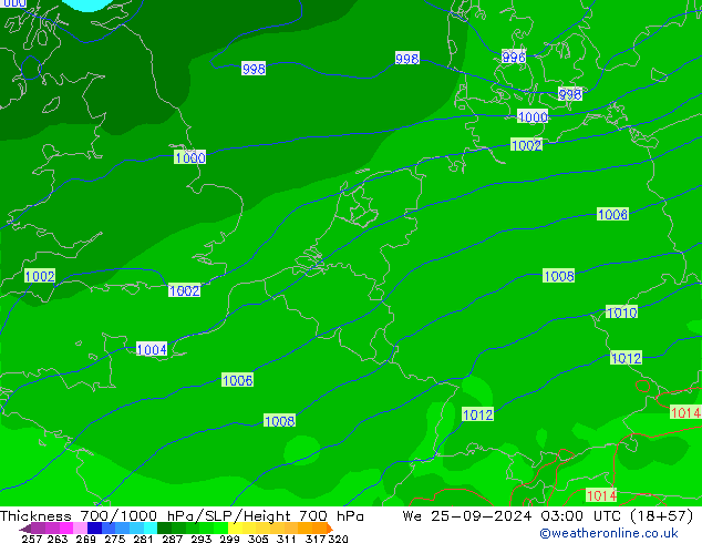 Espesor 700-1000 hPa GFS mié 25.09.2024 03 UTC