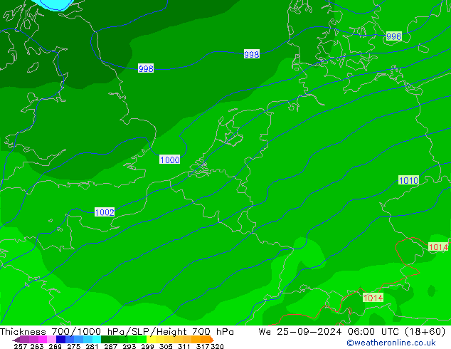 Thck 700-1000 hPa GFS Qua 25.09.2024 06 UTC