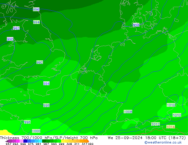 Thck 700-1000 hPa GFS mer 25.09.2024 18 UTC