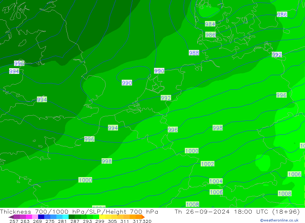 Thck 700-1000 hPa GFS czw. 26.09.2024 18 UTC