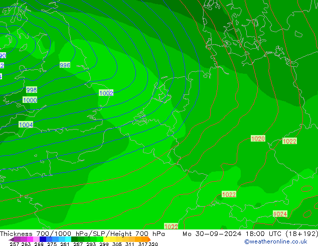 Thck 700-1000 hPa GFS lun 30.09.2024 18 UTC