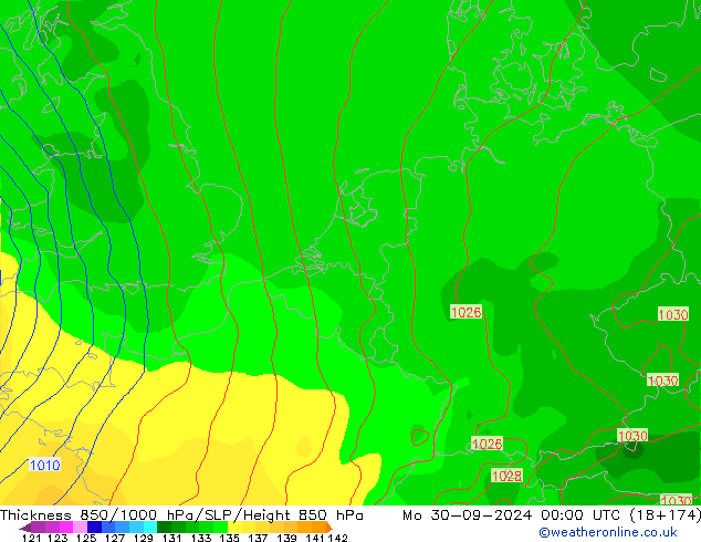 Espesor 850-1000 hPa GFS lun 30.09.2024 00 UTC