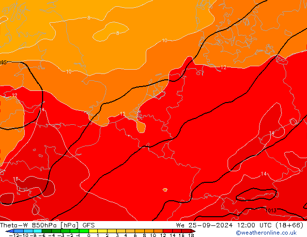 Theta-W 850hPa GFS mer 25.09.2024 12 UTC