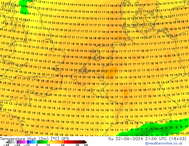 Max.temperatuur (2m) GFS zo 22.09.2024 21 UTC