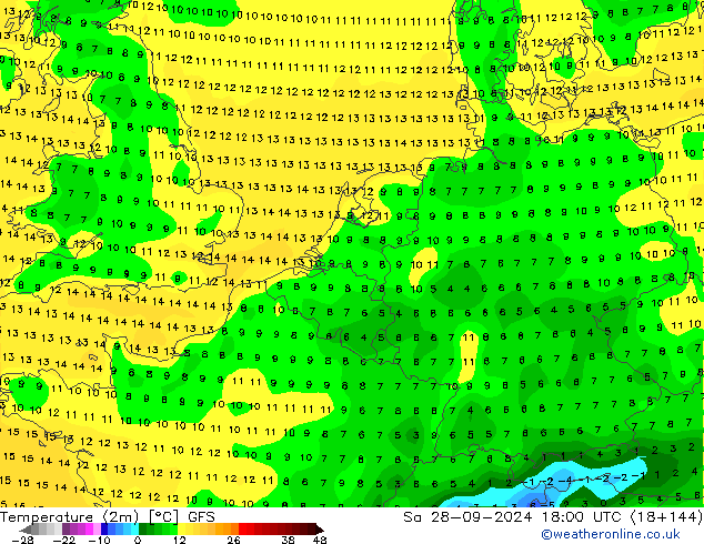 Temperature (2m) GFS Sa 28.09.2024 18 UTC