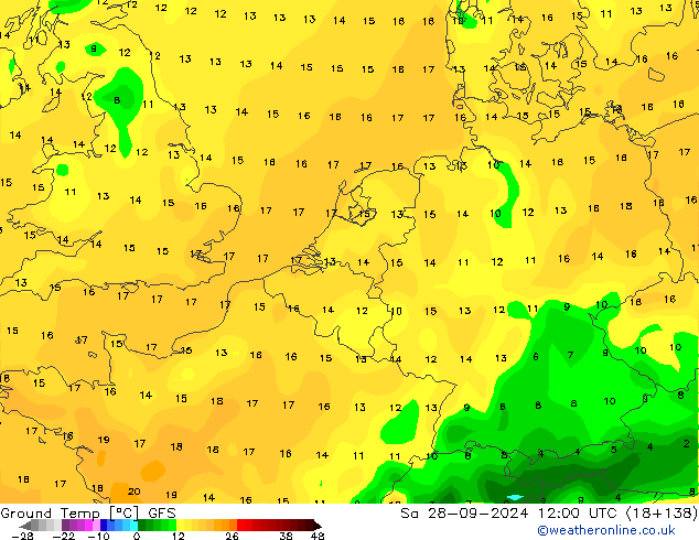 Temperatura del suelo GFS sáb 28.09.2024 12 UTC