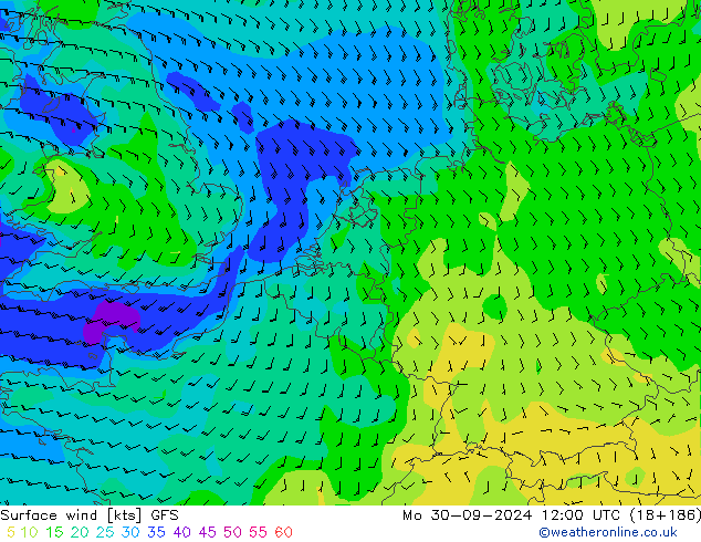 Surface wind GFS Mo 30.09.2024 12 UTC