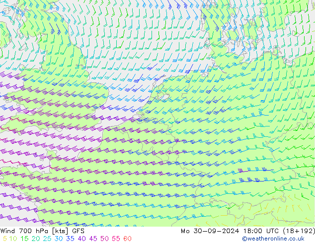 Vento 700 hPa GFS lun 30.09.2024 18 UTC