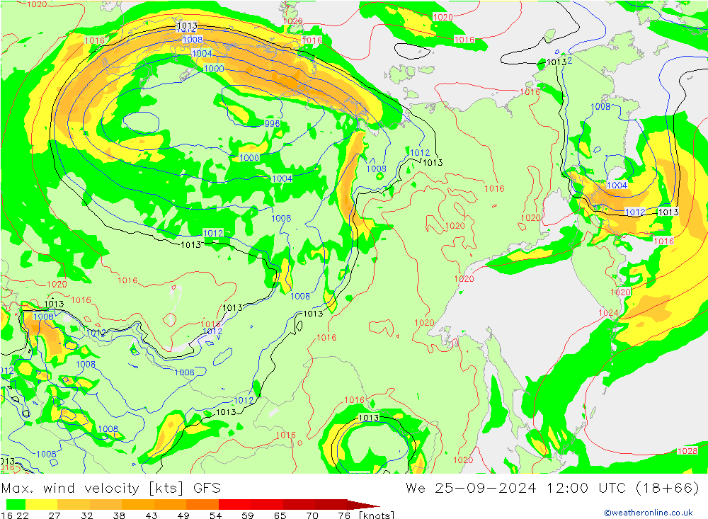 Max. wind snelheid GFS wo 25.09.2024 12 UTC