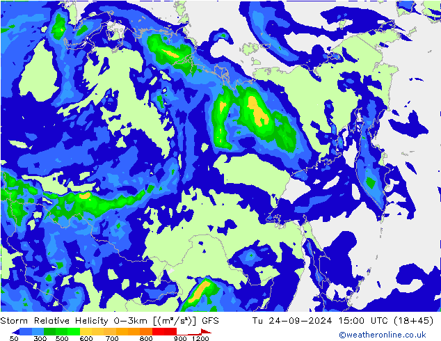 Storm Relative Helicity GFS Tu 24.09.2024 15 UTC