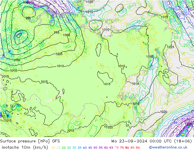 Isotachs (kph) GFS Mo 23.09.2024 00 UTC