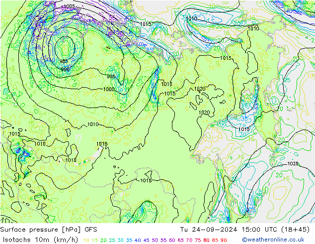 Isotachs (kph) GFS Tu 24.09.2024 15 UTC