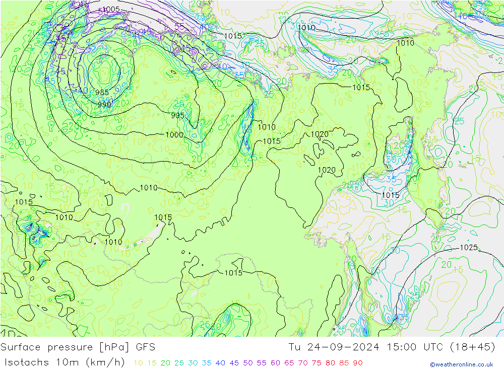 Eşrüzgar Hızları (km/sa) GFS Sa 24.09.2024 15 UTC