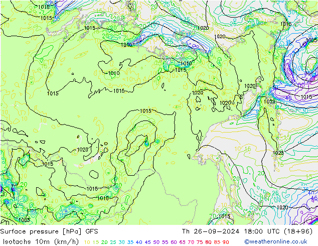 Isotachen (km/h) GFS do 26.09.2024 18 UTC