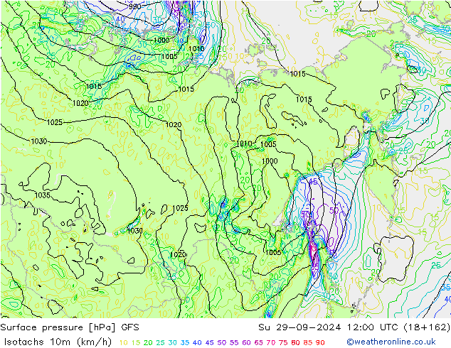 Isotachs (kph) GFS Ne 29.09.2024 12 UTC