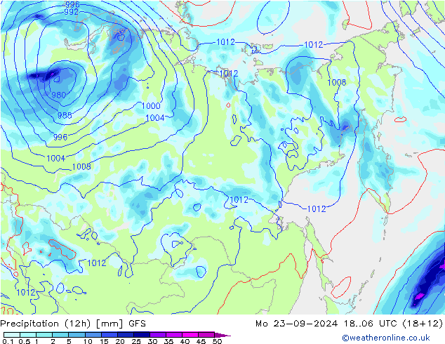 Precipitation (12h) GFS Mo 23.09.2024 06 UTC