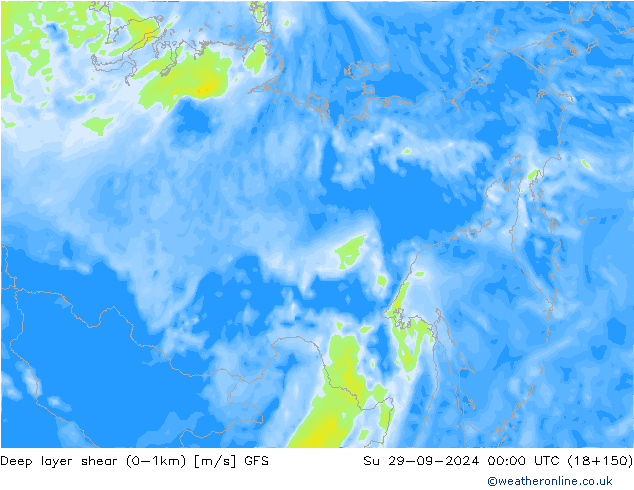 Deep layer shear (0-1km) GFS Su 29.09.2024 00 UTC