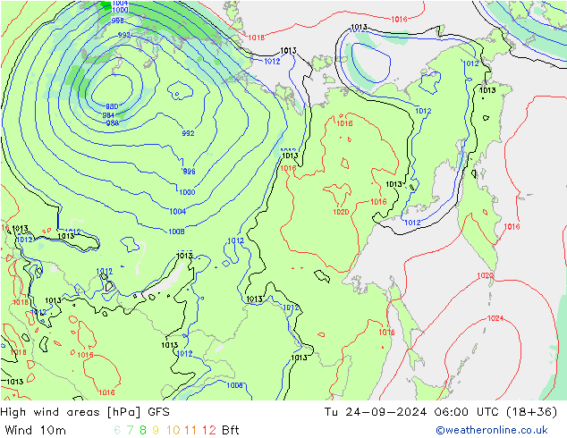 High wind areas GFS Út 24.09.2024 06 UTC