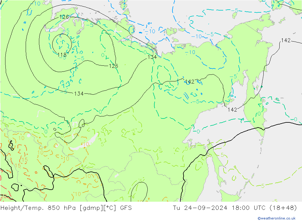 Height/Temp. 850 hPa GFS  24.09.2024 18 UTC