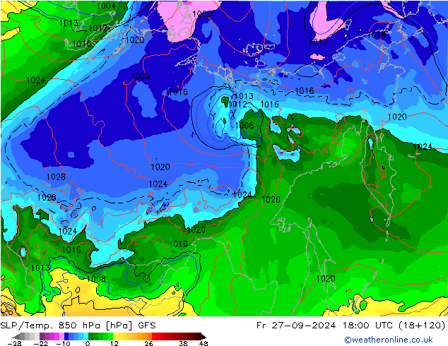 SLP/Temp. 850 hPa GFS ven 27.09.2024 18 UTC