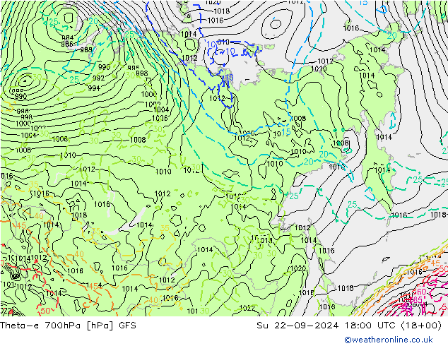 Theta-e 700hPa GFS Dom 22.09.2024 18 UTC