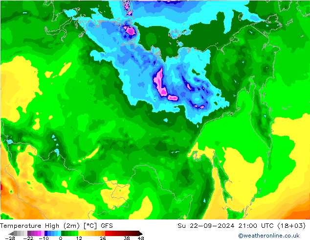 température 2m max GFS dim 22.09.2024 21 UTC