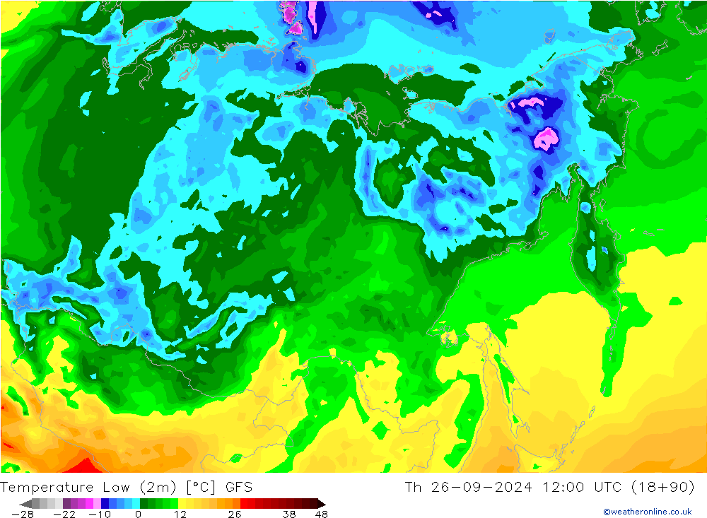 temperatura mín. (2m) GFS Qui 26.09.2024 12 UTC