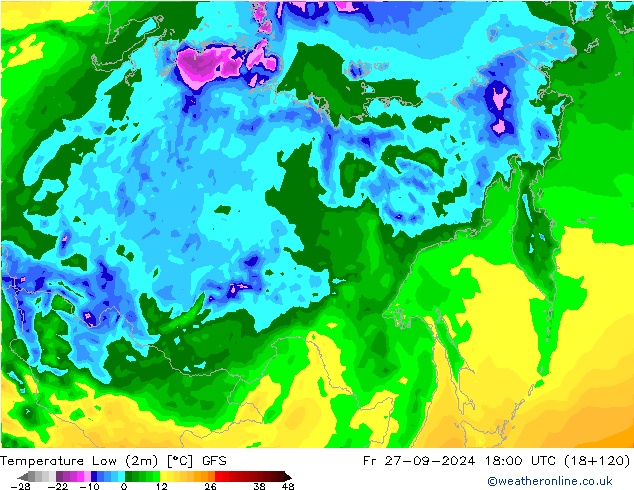 Temperature Low (2m) GFS Fr 27.09.2024 18 UTC