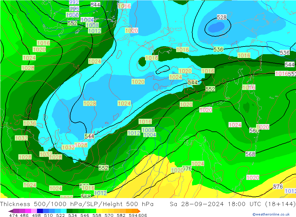 Espesor 500-1000 hPa GFS sáb 28.09.2024 18 UTC