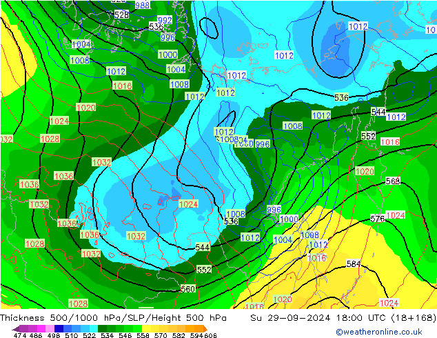 Thck 500-1000hPa GFS nie. 29.09.2024 18 UTC