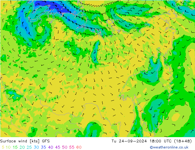 Vento 10 m GFS Ter 24.09.2024 18 UTC