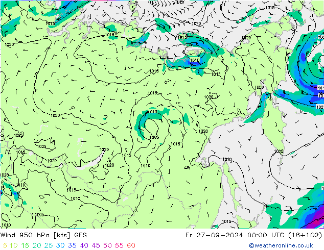 Vento 950 hPa GFS ven 27.09.2024 00 UTC