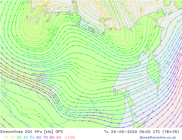 Ligne de courant 200 hPa GFS mar 24.09.2024 06 UTC