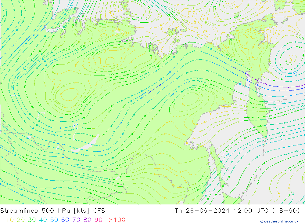 Línea de corriente 500 hPa GFS jue 26.09.2024 12 UTC